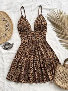 Women's Summer Fashion Vacation V-Neck Sexy Cut-Out Backless Waist Dress, Casual Fashionable Dress, Leopard Print Sleeveless Halter Dress for Daily Commute Womenswear Casual Wear