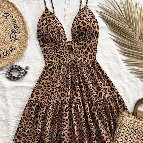 Women's Summer Fashion Vacation V-Neck Sexy Cut-Out Backless Waist Dress, Casual Fashionable Dress, Leopard Print Sleeveless Halter Dress for Daily Commute Womenswear Casual Wear