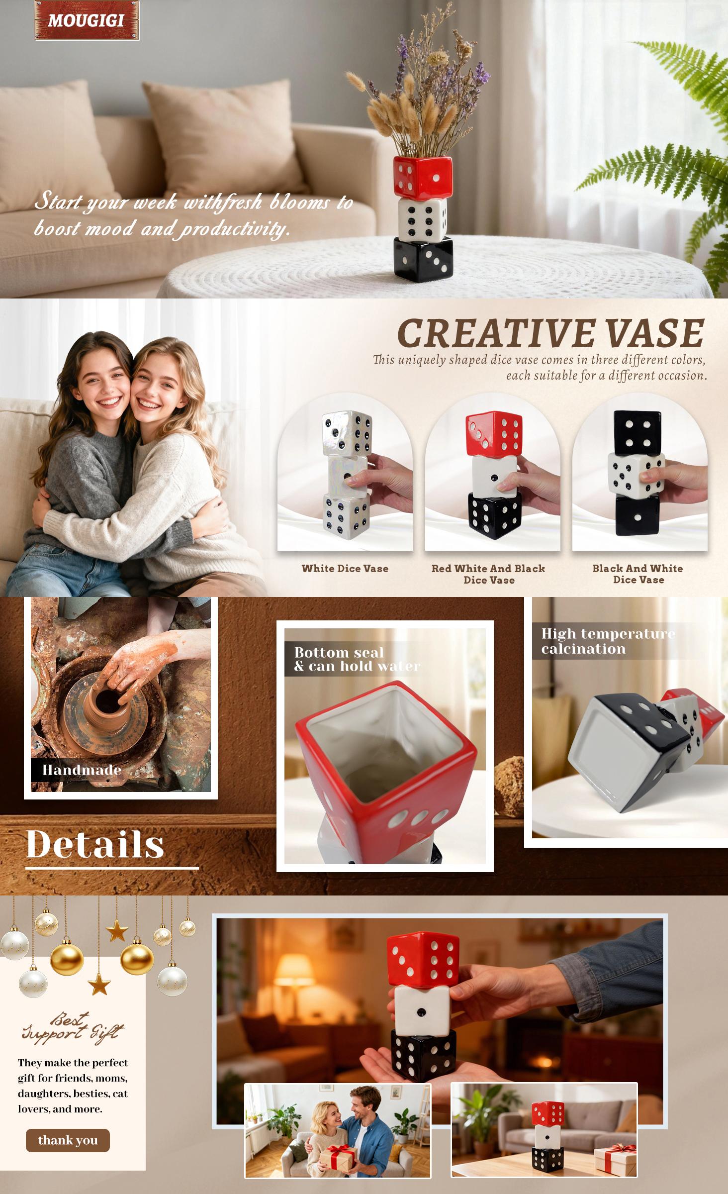 Ceramic Dice Vase - Unique Decor for Dried Flowers, Rose, Pampas Grass - Stunning Design for Any Modern Space for Inspiring Smiles