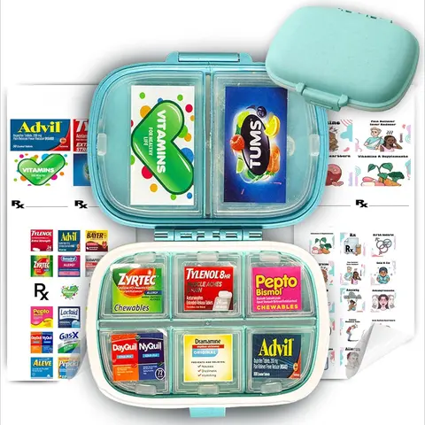 8 Slot Durable Compact Case to OrganizeTravel Essentials Portable Travel Pill Organizer Holder with Stickers