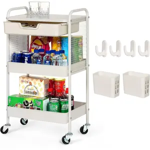3-Tier Rolling Cart with Drawer, Cart Organizer with Lockable Wheels&Cups&, Mobile Craft Carts Trolley with Mesh Shelves for, Office-White