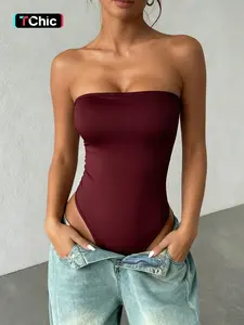 Women's Sleeveless Plain Fitted Bodysuit, Casual Minimalist Style Seamless Innerwear, No Shoulder Strap Design, Perfect Layering Piece, Womenswear