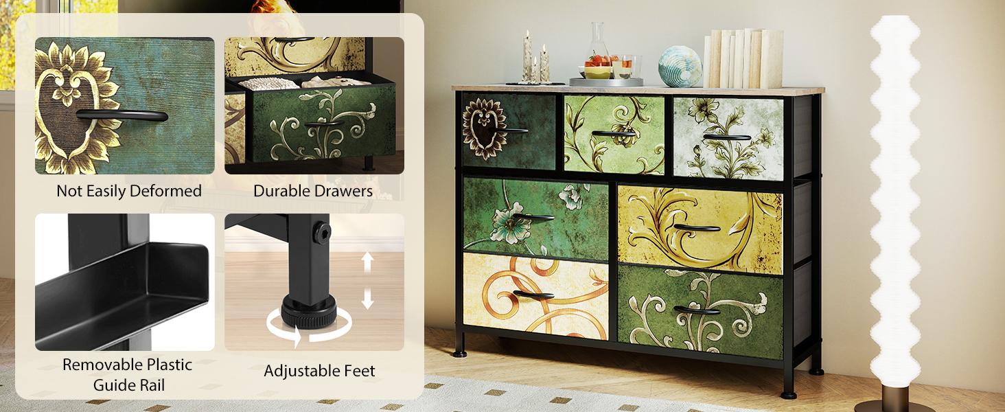 7 Drawer Fabric Storage Dresser with Wood Top, Floral Pattern Organizer Tower for Bedroom, Living Room, Hallway, Entryway