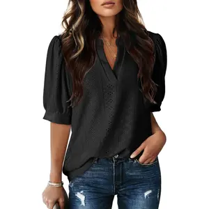Womens Summer Business Casual Blouses V Neck Short Sleeve Shirts Eyelet Cute Lace TopsGift