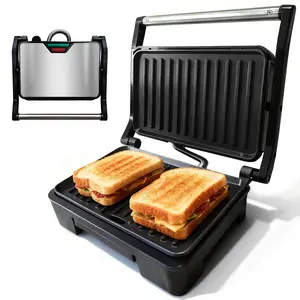 Panini Press Grill and Gourmet Sandwich Maker, equipped with non-stick coated plates, can open 180 degrees, suitable for grilling steaks, burgers and sandwiches, and the body color is black