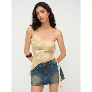 Cider Asymmetrical Neck Floral Ruffle Hem Beaded Crop Cami Top SummerWins Dealsforyou
