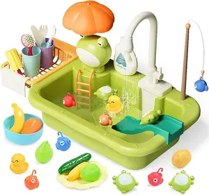Cute Stone Sink Toys with Upgraded Electric Faucet Pool Floating Fishing Toys for Water Kitchen Set Toys Portable Pretend Play Dishes Play House