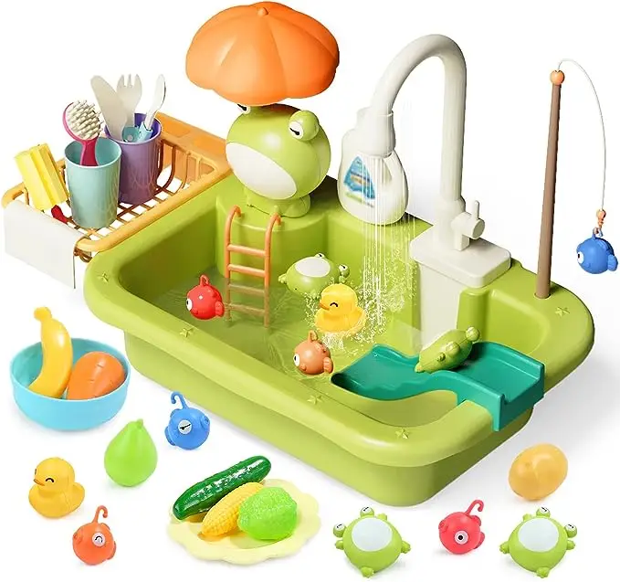 Cute Stone Sink Toys with Upgraded Electric Faucet Pool Floating Fishing Toys for Water Kitchen Set Toys Portable Durable ABS Plastic BPA-Free ASTM EN