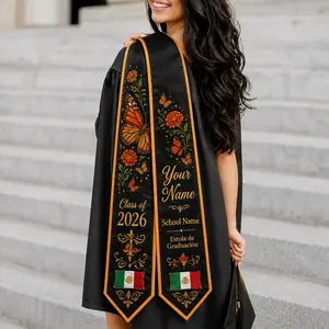 Custom Mexican Graduation Stole 2026 Monarch Butterfly Floral Personalized Name School Black Orange Sash Estola de Graduacion for Latina Hispanic Graduates Class of 2026