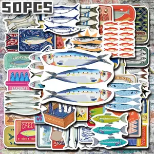 50PCS Sardine Aesthetic Stickers Pack, Cute Fish Illustration Vinyl Stickers for Laptop Water Bottle Phone Case Skateboard Journal Scrapbook DIY Decoration