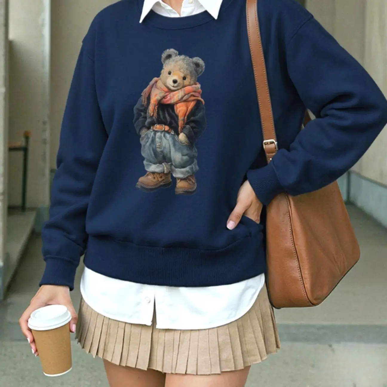 Teddy Bear with Scarf Sweater, Cozy Bear Cotton Sweatshirt, Cute Winter Aesthetic Long Sleeve Crewneck Pullover, Vintage Oversized Graphic Jumper, Warm Fall Outerwear Top, Aesthetic Cottagecore Christmas Clothes Gift for Women 9