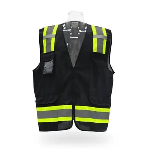 Black Safety Vest with Yellow Reflective Strips and Pockets for Enhanced Visibility and Convenience Ideal for Safety Purposes Reflectors