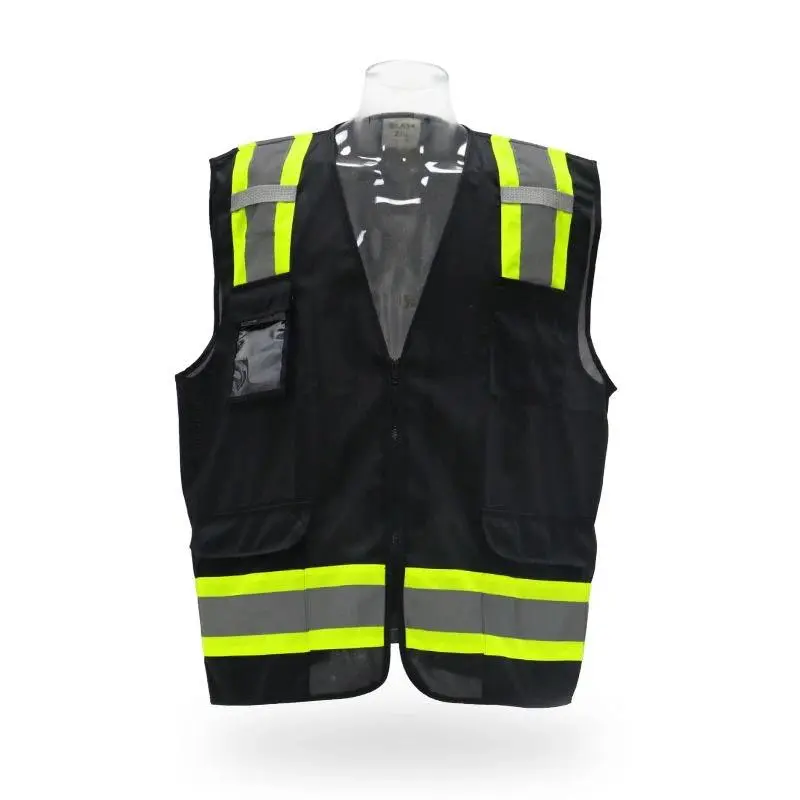 Black Safety Vest with Yellow Reflective Strips and Pockets, Work Safety Gear for Enhanced Visibility and Pocket Carry Ease