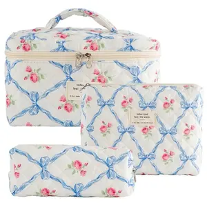 3Pcs Cotton Quited Makeup Bag Set, Quilted Makeup Bag, Large Floral Cosmetic Bag for Women, Cute Cotton Makeup Bags, Flower Travel Toiletry Organizer Bag
