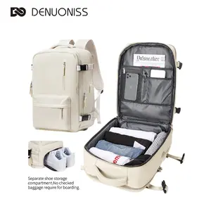 DENUONISS large-capacity commuter backpack featuring a separate shoe compartment and fast USB charging port, with an open flat design suitable for travel, outdoor activities, and commuting.