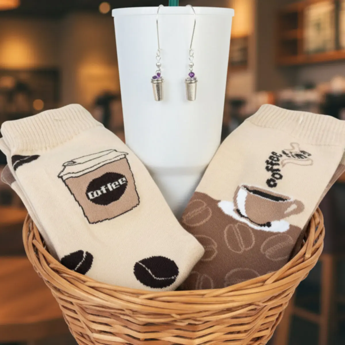 The Coffee Lover Gift Set (2-Pack Socks + Coffee Cup Earrings)
