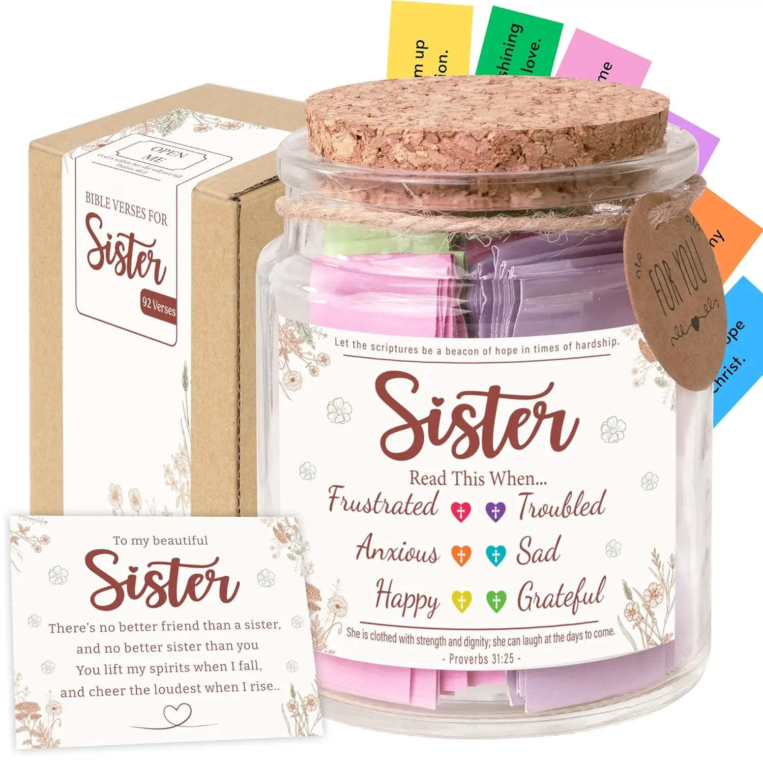 Verse Jar for Sister - 92 Color-Coded Scriptures for Encouragement, Christian Gifts for Women, Inspirational Jar for Sister, Birthday Gifts For Sister