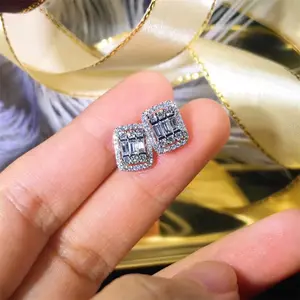 Square Synthetic Moissanite Stud Earrings, Silver-Inset with AAA Ladder Square Zircon, Trendy Stud Earrings Jewelry