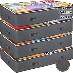 4 Pack Large Foldable Storage Bags with Lids, Under Bed Storage Containers, Heavy Duty Clothes Organizer Bins for Blankets, Bedding, Toys, Non-Woven Fabric