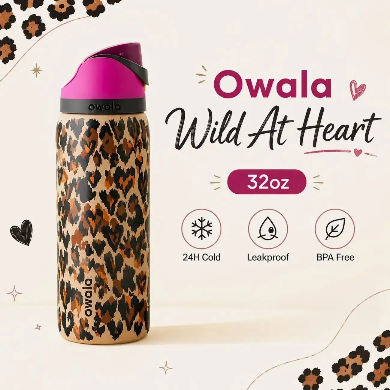 Owala FreeSip Leopard 32oz Wild At Heart Water Bottle – Leakproof Stainless Steel Insulated Travel Tumbler