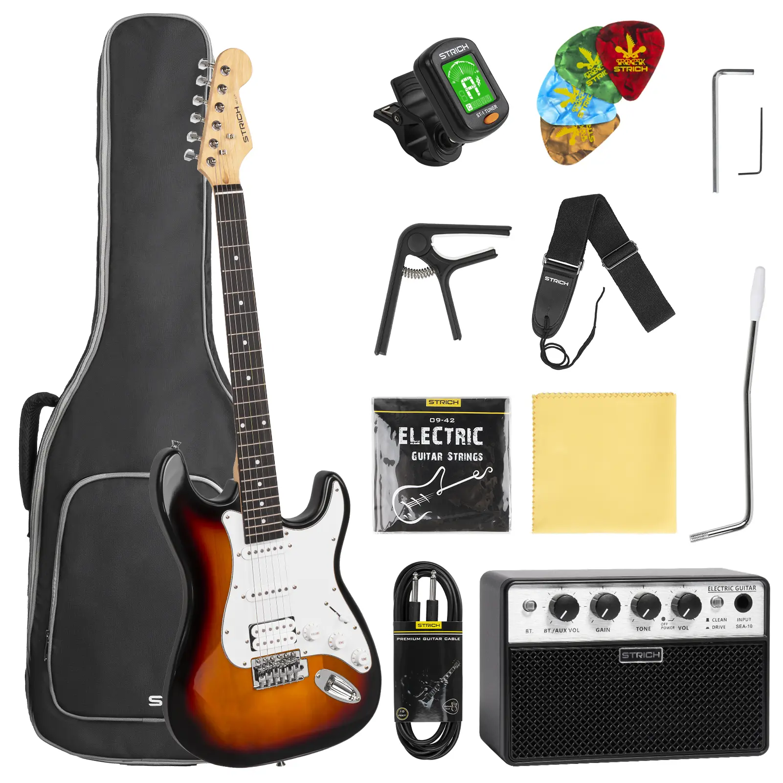 STRICH 39" Beginner Electric Guitar Kit - Solid Body, HSS Pickup, 10W Amplifier, Bag, Tuner, Capo, Strap, Strings, Cable, Picks, SST-S20 Sunburst
