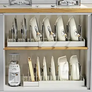 Expandable Pot and Pan Organizer Rack for Cabinet, Pot Lid Organizer Holder with7 Stainless Steel Adjustable Dividers for Kitchen Cabinet Organizer and Storage , ideal for Baking Pans,(White, Grey)Foldable Design,Gifts for Mom