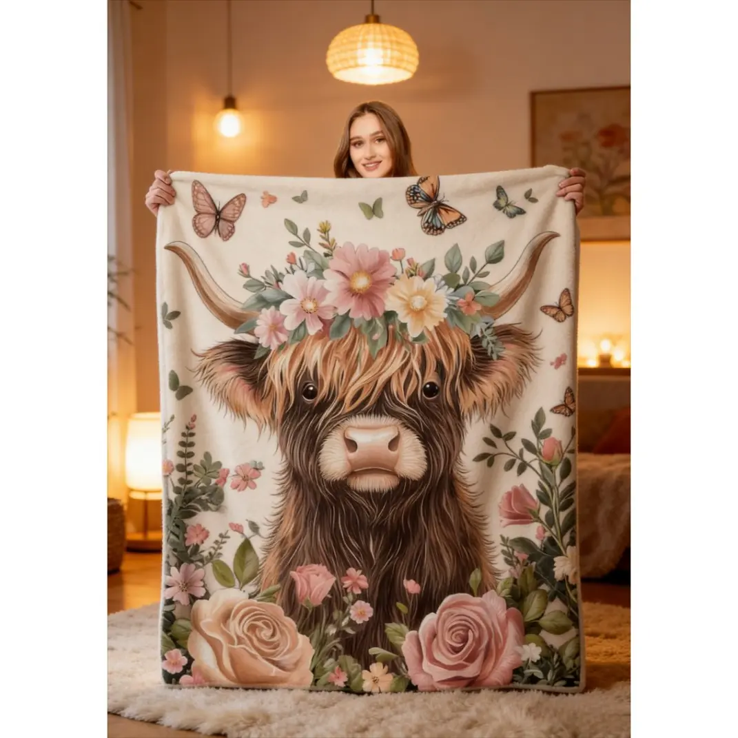 Highland Cow Throw Blanket Cute Floral Cow Blanket Soft Cozy Lightweight Blanket Gift for Women Friends Animal Lovers Home Decor Couch Bed Travel Camping All Season
