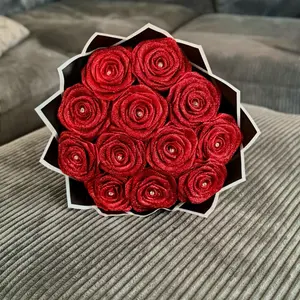 Red Glitter Eternal Rose Bouquet with diamond pins and black & white wrapping