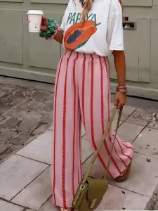 Women's Stylish Pink Striped Wide-Leg Pants—Lightweight, Pleated Fabric Trousers with Drawstring Waist, Perfect for Vacation and Streetwear.