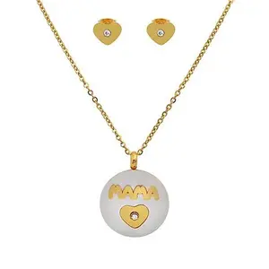 Stately Steel Heart "Mama" CZ Pendant Necklace and Stud Earring Set