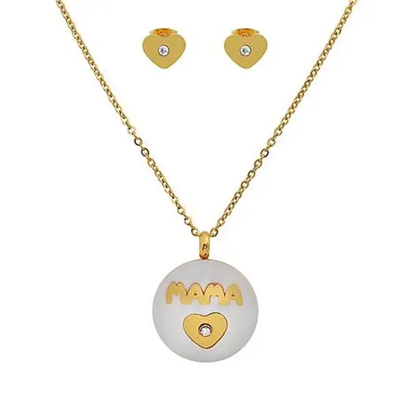 Stately Steel Heart "Mama" CZ Pendant Necklace and Stud Earring Set