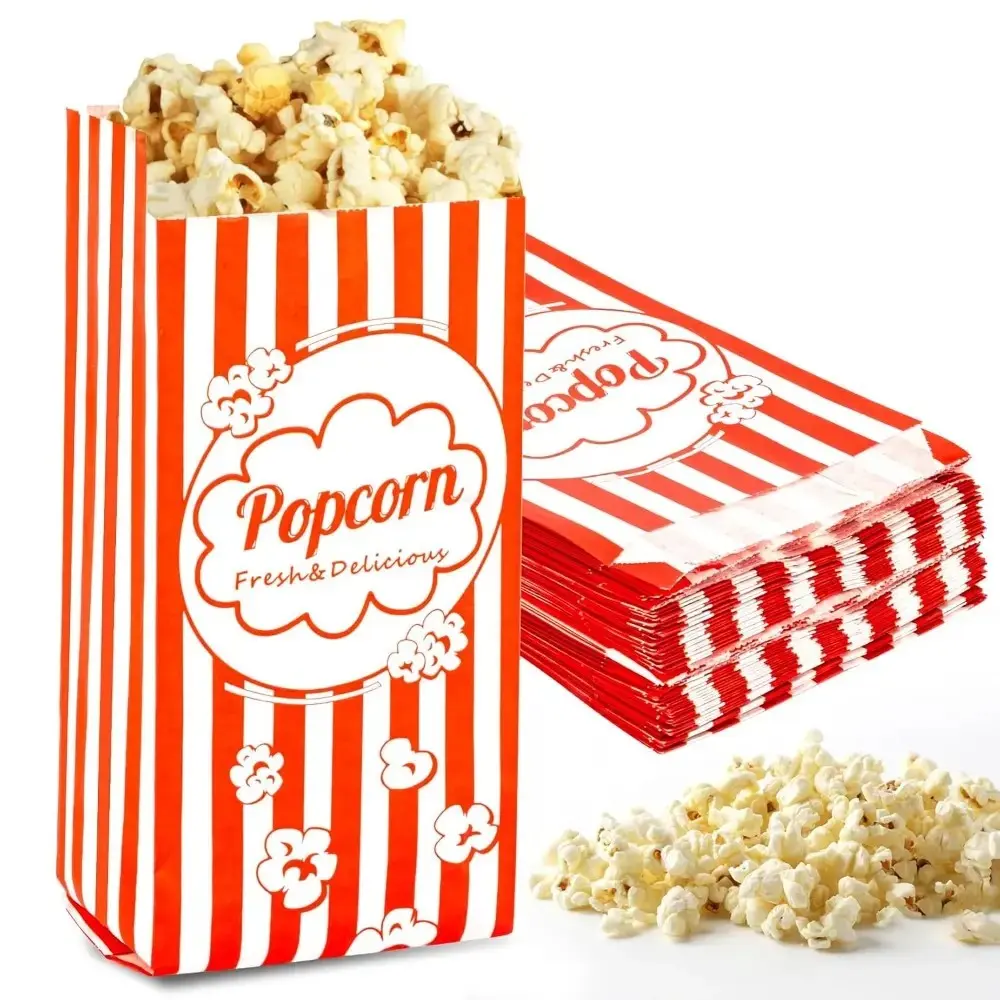 Disposable Greaseproof Paper Popcorn Bags - Stripes Design, Individual Servings, Disposable Tableware Supplies for Parties, Movie Nights