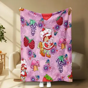 [Vibrant Bazaar] Strawberry Shortcake Cartoon Flannel Blanket, Cute Kids Throw With Soft Cozy Touch, Warm Lightweight Fabric, Perfect For Bedroom, Sofa, Nap, And Living Room Decor, Gift For Children,