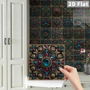 24pcs Classic Art Flower Brick Pattern Wall Stickers, Luxury Floral Jewelry Inlay Style, Multi-Element Patterns, Waterproof Self-Adhesive