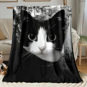 Single Piece of a Black And White Cat Blanket - a Lightweight Flannel Throw Suitable for The Sofa, Outdoor Use, Camping, Living Room, Office, Chair, And Bed - Fperfect gift for cat lovers, animal fans, Provides a Soft, Warm Feel for Winter