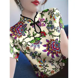 Floral Print Mandarin Collar T-Shirt, Elegant Chinese Style Short Sleeve Frog Button Retro Cheongsam Top For Spring & Summer, Women's Clothing