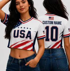Women’s Red White Blue Soccer Style Crop Top Custom Name Number V Neck Breathable Quick Dry Sporty Shirt Trendy Game Day Outfit