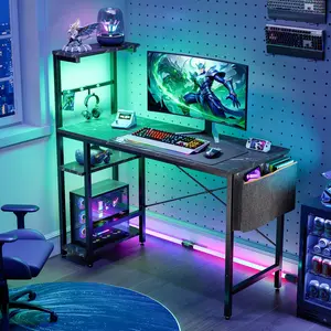 Bestier Reversible 44 inch Computer Desk with LED Lights Gaming Desk with 4 Tier Shelves Black Marble