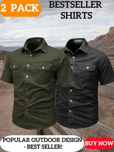 Men's Rugged Cotton Short Sleeve Cargo Shirts, Bestseller 2-Pack Utility Shirts, Perfect Workwear for Outdoor & Mechanic Jobs