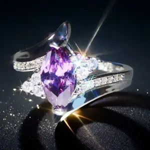 Veliora Gift B Romantic Elegant Marquise-Cut Purple Artficial Crystal Cubic Zirconia Ring - Bridal Wedding Engagement Anniversary Gift - Luxury Light Jewelry Accessory Adjustable Heart Rate Couples Bracelet Set y2k