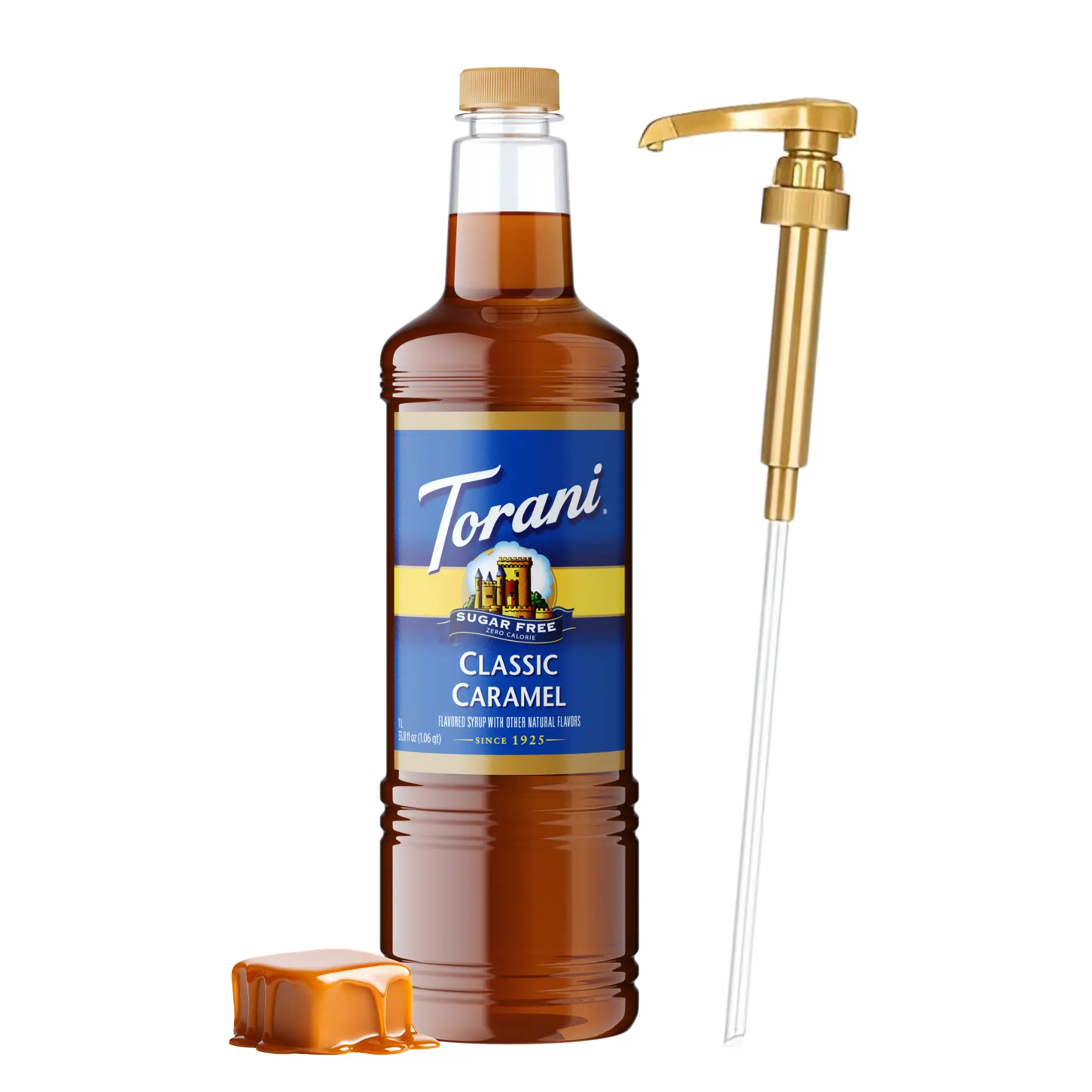 Torani Sugar-Free Classic Caramel Syrup, 1L Bottle with Pump Dispenser - 0-Calorie Natural Coffee Flavoring, Rich Caramelized Brown Sugar Taste - Keto-Friendly Diabetic Sweetener for Lattes, Beverages, Beverage