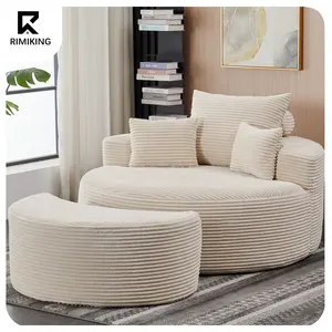 RIMIKING Comfy Corduroy Swivel Chair Set with Ottoman and Throw Blanket, No-Assembly Ergonomic Accent Chair for Living Room,8678