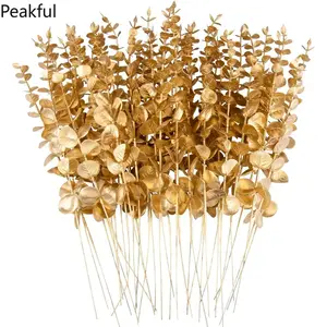 Gold Faux Eucalyptus Branches Set, 30/36PCS 15 Inch Artificial Eucalyptus Stems, Lifelike Fake Leaves Greenery Decor, elegant gold toned minimalist style, ideal for farmhouse decoration, party centerpieces and bridal bouquet DIY crafting