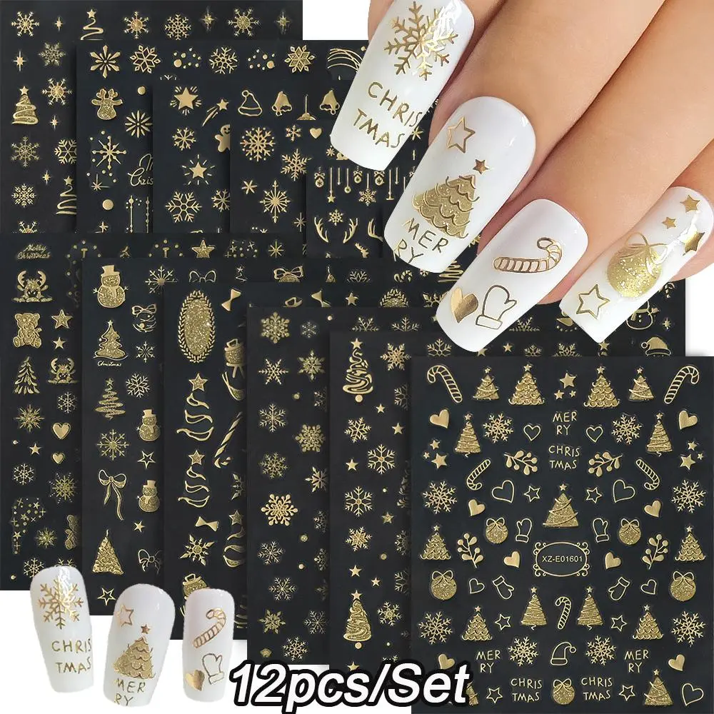 12pcs Stamping Gold Christmas 3D Nail Stickers Reflective Glitter Xmas Tree Gingerbread Snowflakes Adhesive Manicure Decals
