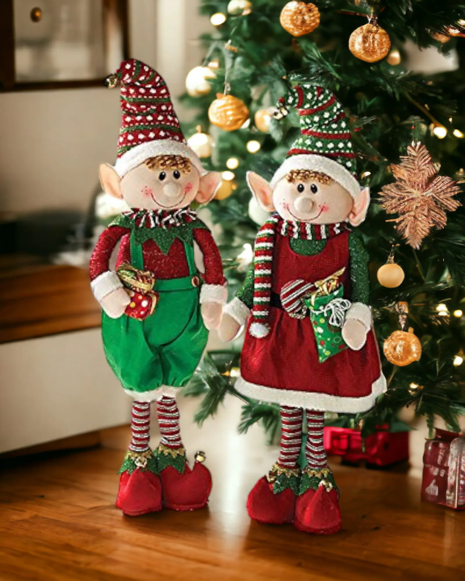Expandable Leg Christmas Elves Boy Girl Set 36 Inch Holiday Decor