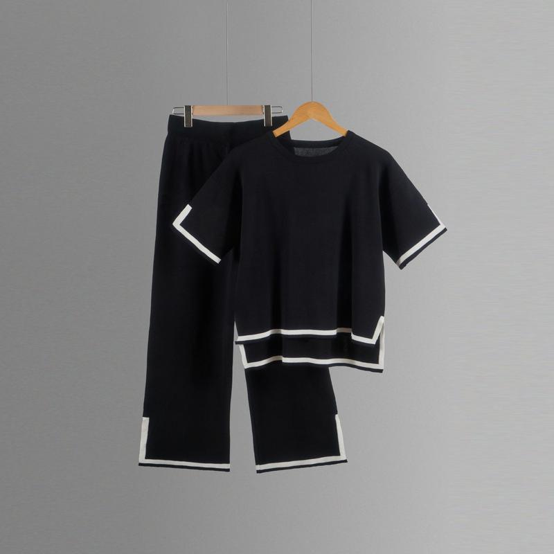 Womens Two Piece Outfits Casual Short Sleeve Knit Sweater Tops Matching Wide Leg Pants Tracksuit Lounge Sets