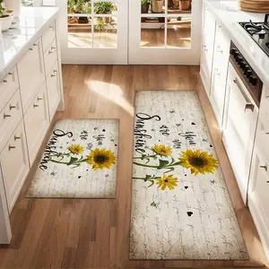 2Pcs Retro Sunflower Floor Mat Set Sunshine Sunflower Sketched Printed Carpet Farmhouse Anti Fatigue Kitchen Carpet Non Slip Washable Kitchen Restaurant Floor Sink Laundry Room Decoration Carpet Mat Floral Area Rug
