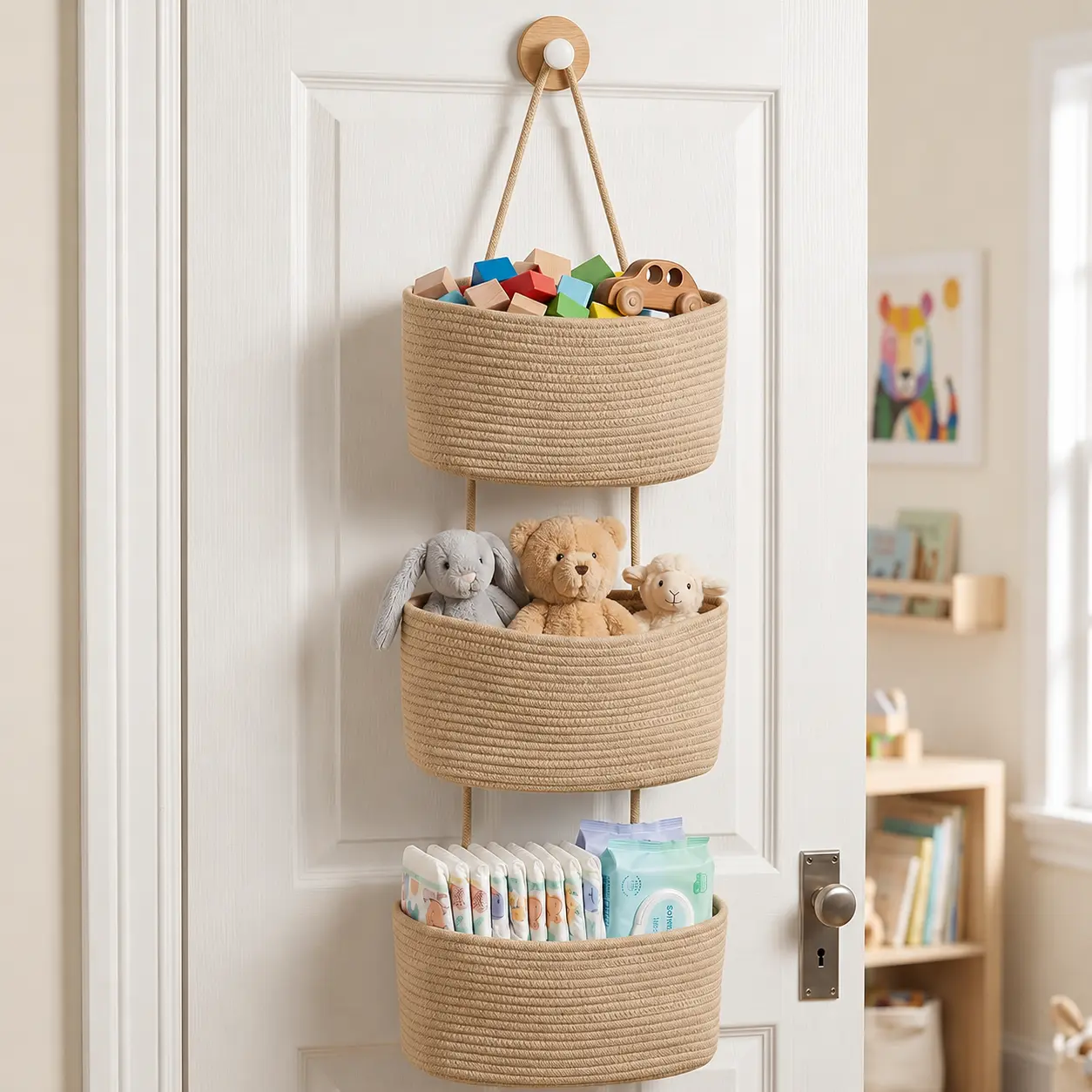 3-Tier Woven Cotton Rope Hanging Storage Basket - Over-The-Door, Wall-Mounted Home Organizer for Nursery Diapers, Toys (Bathroom, Bedroom Use)