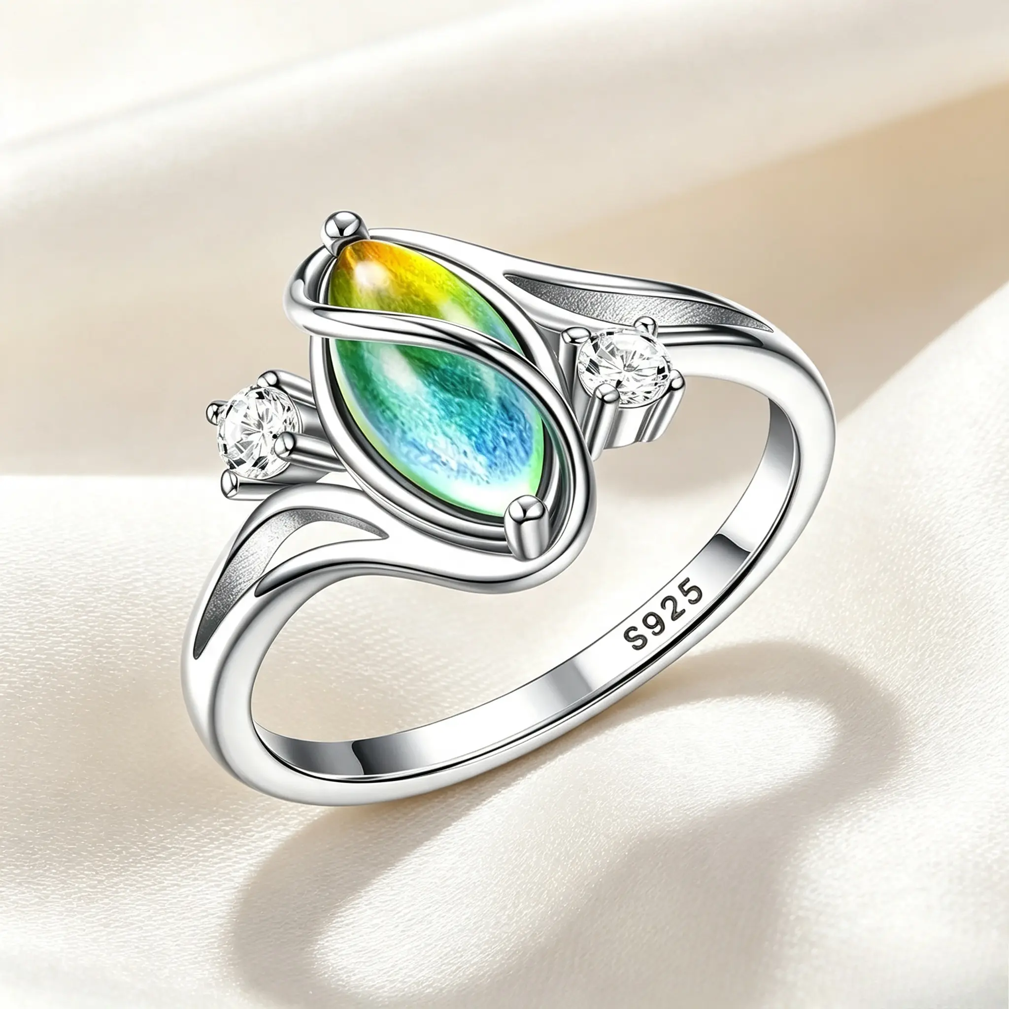 Exquisite 925 Sterling Silver Color Changing Mood Ring for Women, Vintage Victorian Oval Moonstone Solitaire Ring, 18K White Gold Plated Handmade Trendy Women Jewelry