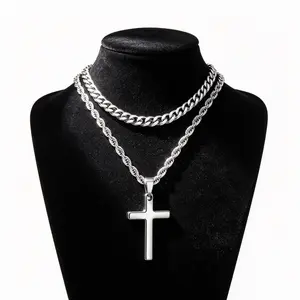 Male Layered Cross Necklace - Stainless Steel Cross Pendant with Cuban Link Rope Chain, Durable Fashion Stackable Men's Jewelry Accessory